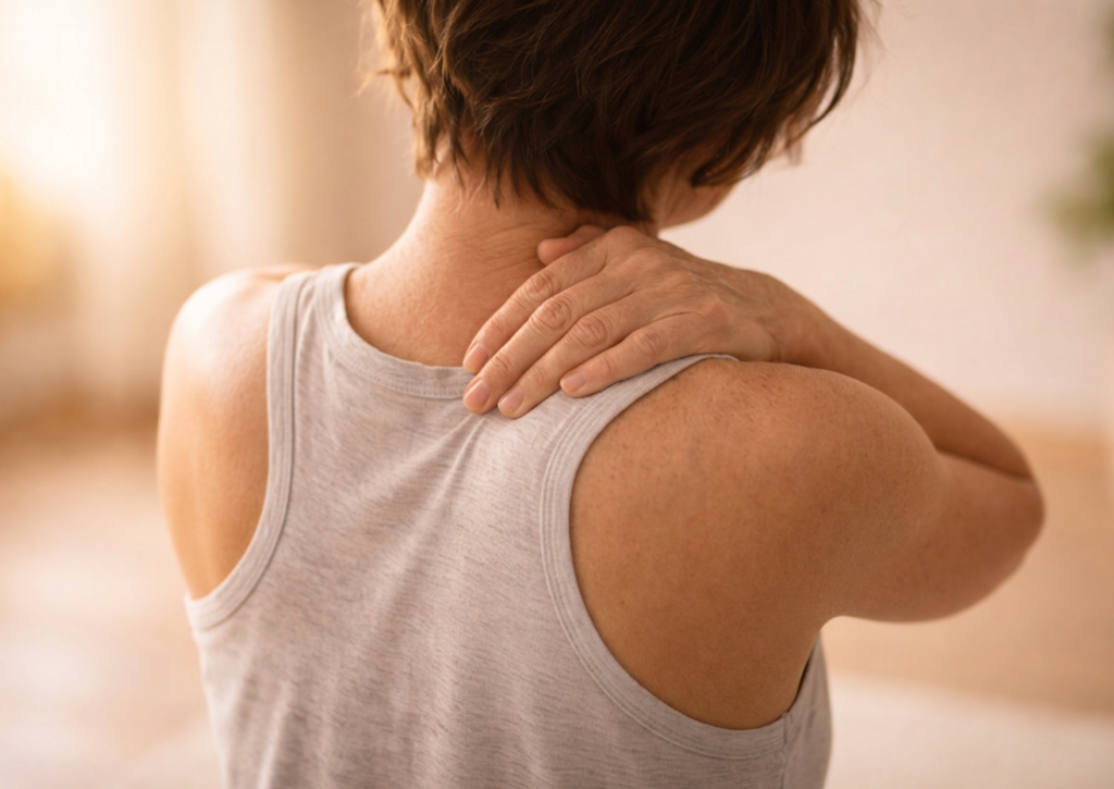 World Menopause Day 2026 - Middle aged woman holding her neck in pain, showing chronic pain in midlife.